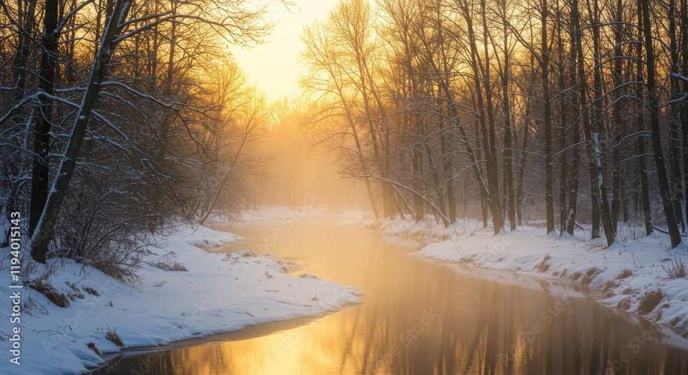 Winter forest landscape, snowy river, golden sunset, bare trees, reflective water, cold atmosphere, serene nature, frosty scenery Winter forest landscape, snowy river, golden sunset, bare trees, reflective water, cold atmosphere, serene nature, frosty scenery