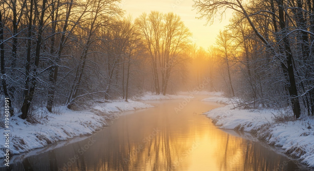 Winter forest landscape, snowy river, golden sunset, bare trees, reflective water, cold atmosphere, serene nature, frosty scenery Winter forest landscape, snowy river, golden sunset, bare trees, reflective water, cold atmosphere, serene nature, frosty scenery