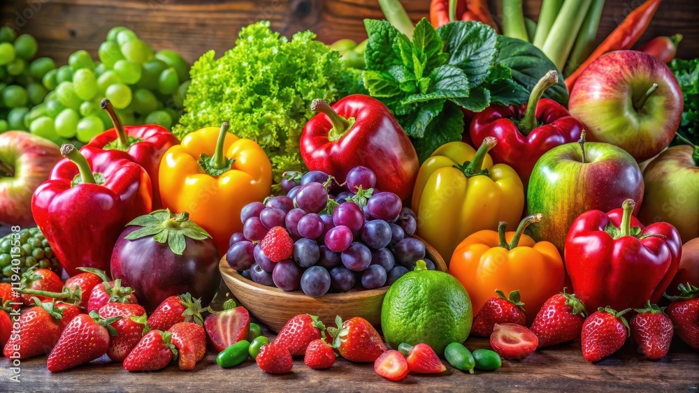 A vibrant display of fresh produce, showcasing a spectrum of colors and textures, including plump grapes, juicy apples, crisp peppers, and ripe strawberries, arranged on a rustic wooden surface. A vibrant display of fresh produce, showcasing a spectrum of colors and textures, including plump grapes, juicy apples, crisp peppers, and ripe strawberries, arranged on a rustic wooden surface.