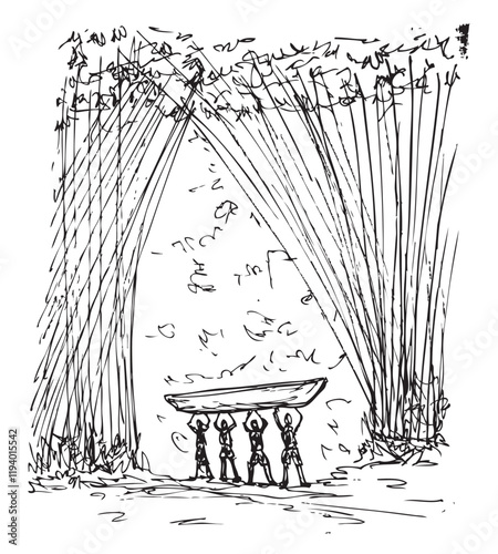 People Carrying Canoe Under Tall Trees at forest, simple sketch vector illustration