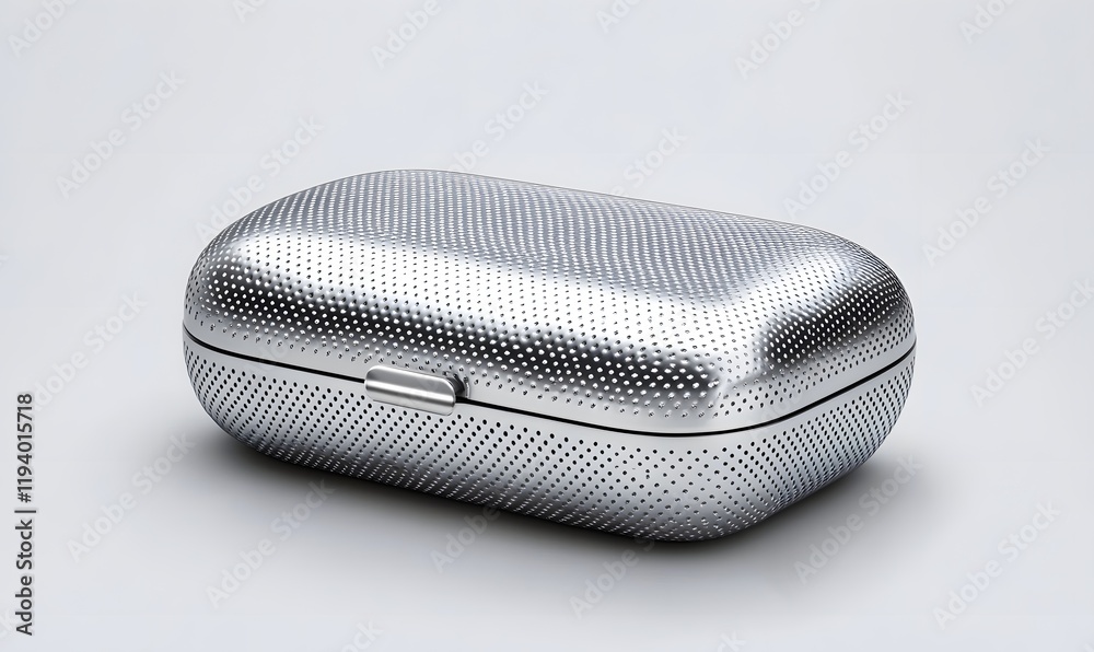 Silver metallic case with textured surface and clasp. Silver metallic case with textured surface and clasp.