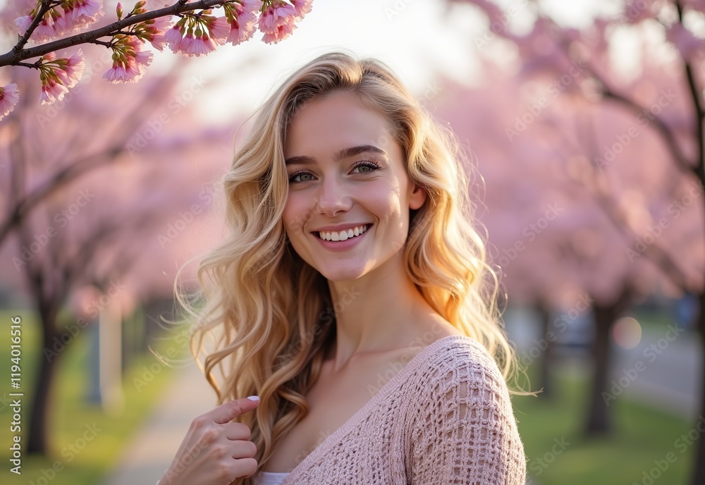 A Beautiful Young Woman with Long Curly Blonde Hair Holding a Blooming Sakura Branch, Captured from Behind in a Serene Spring Setting A Beautiful Young Woman with Long Curly Blonde Hair Holding a Blooming Sakura Branch, Captured from Behind in a Serene Spring Setting
