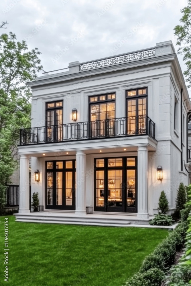 Naklejka premium Modern two-story house with elegant exterior and lush green garden in a serene residential neighborhood