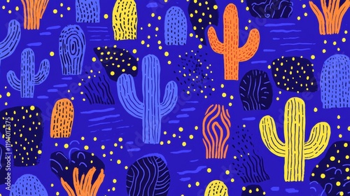 Vibrant cacti patterns desert landscape digital art colorful environment abstract viewpoint
