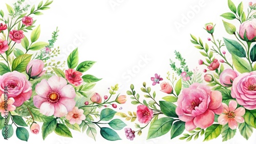 Delicate Watercolor Floral Border with Pink Blooms and Lush Greenery