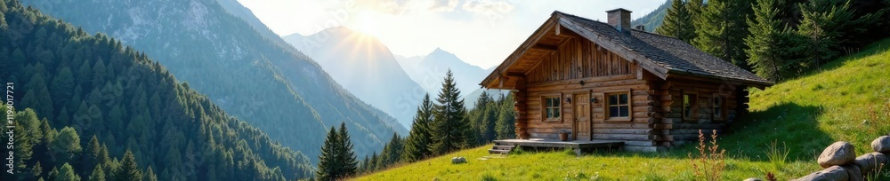 Wooden cabin in mountainous terrain with sunlight peeking through trees, alps, forest Wooden cabin in mountainous terrain with sunlight peeking through trees, alps, forest