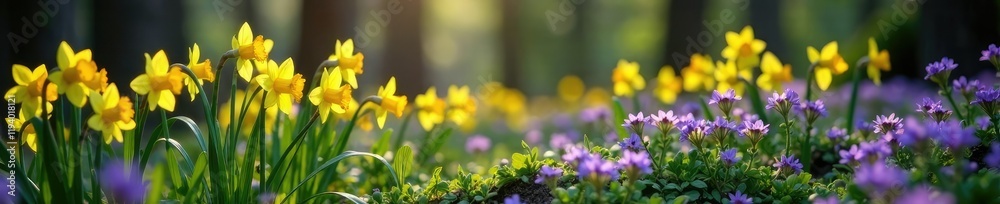 Yellow daffodils bloom beside sprawling purple flowers in the woods, bloms, purple Yellow daffodils bloom beside sprawling purple flowers in the woods, bloms, purple