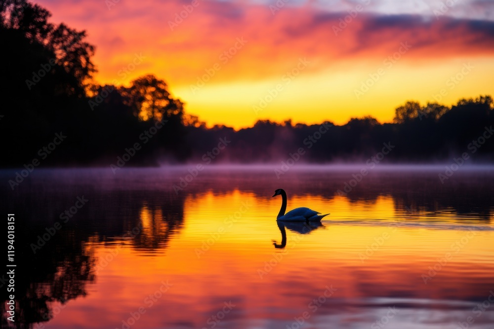 Serene Sunset Over Calm Water with Swan Silhouette at Dusk Serene Sunset Over Calm Water with Swan Silhouette at Dusk