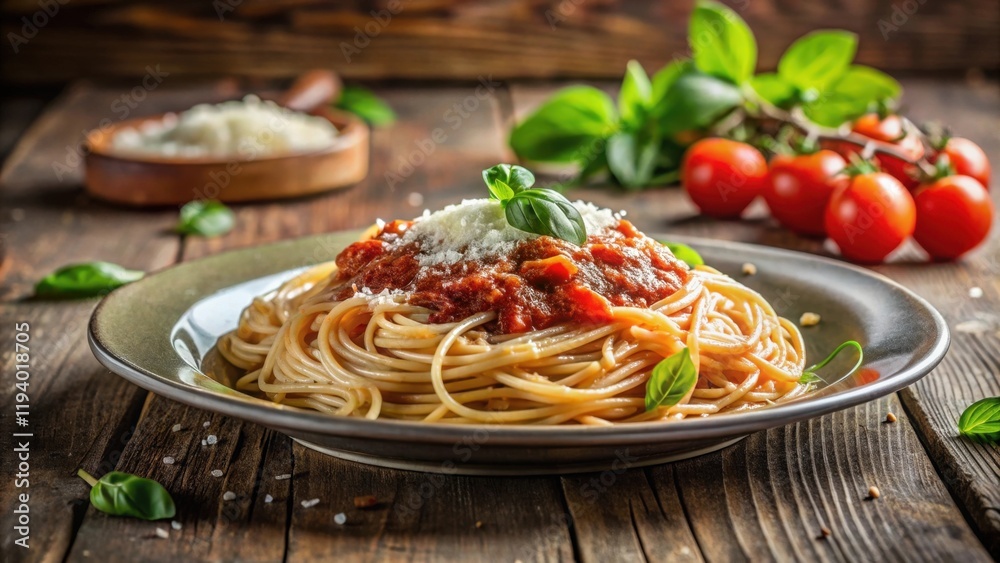 A Simple Plate of Spaghetti with Tomato Sauce and Basil on a Rustic Wooden Table A Simple Plate of Spaghetti with Tomato Sauce and Basil on a Rustic Wooden Table