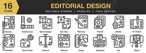 Editorial Design icon set. Editable Stroke Icon Collection. Includes creative, paper, page, art, pattern, website, and More. Outline icons vector collection.