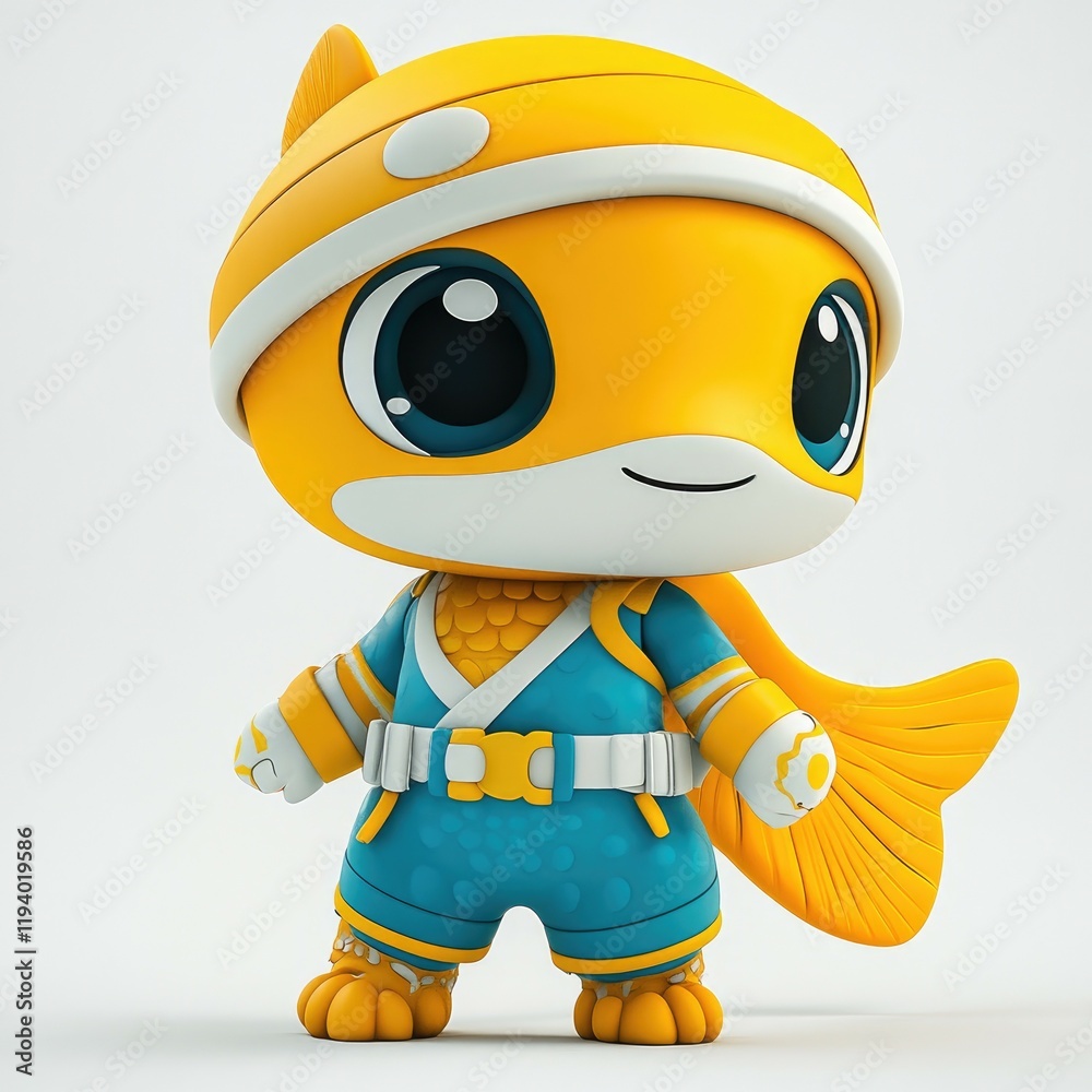 Obraz premium Adorable 3D Render of a Cute Goldfish Cartoon Character in a Ninja Costume