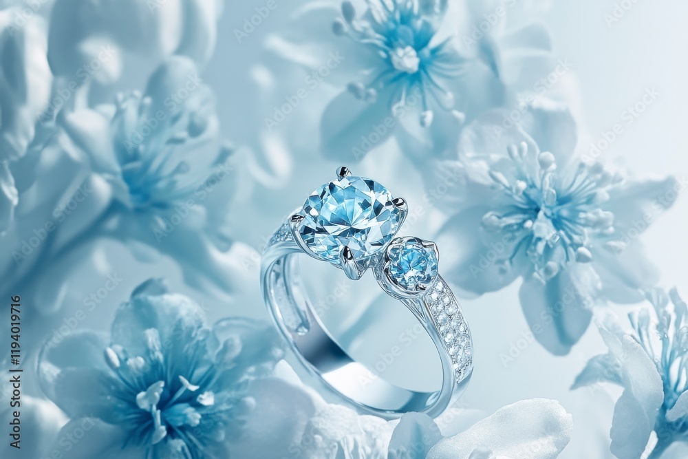 A white gold ring with a diamond, set against a white background. Flowers are visible in the background. 