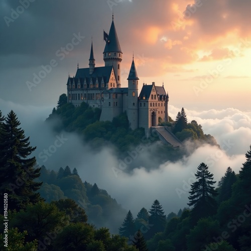 Clouds shroud the castle's peak, as if nature itself was trying to conceal its secrets, ominous, clouds, shadows