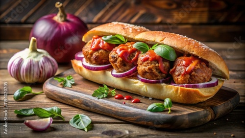 A savory sandwich featuring juicy meatballs, a generous slather of tangy tomato sauce, and fresh basil leaves on a crusty baguette, all atop a rustic wooden board. photo