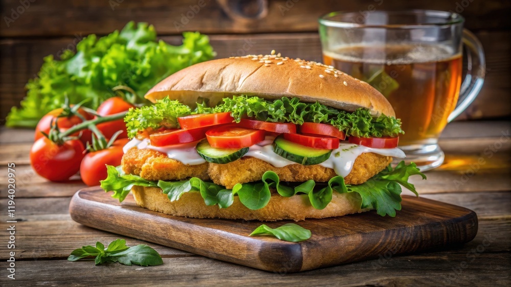 A Crispy Fried Patty Sandwich with Fresh Cucumbers, Tomatoes, and Lettuce on a Rustic Wooden Table A Crispy Fried Patty Sandwich with Fresh Cucumbers, Tomatoes, and Lettuce on a Rustic Wooden Table