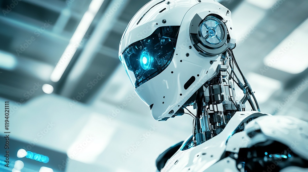 Fototapeta premium A robot conducting high-precision experiments in a futuristic quantum computing lab, clean and advanced research environment, Quantum-tech style