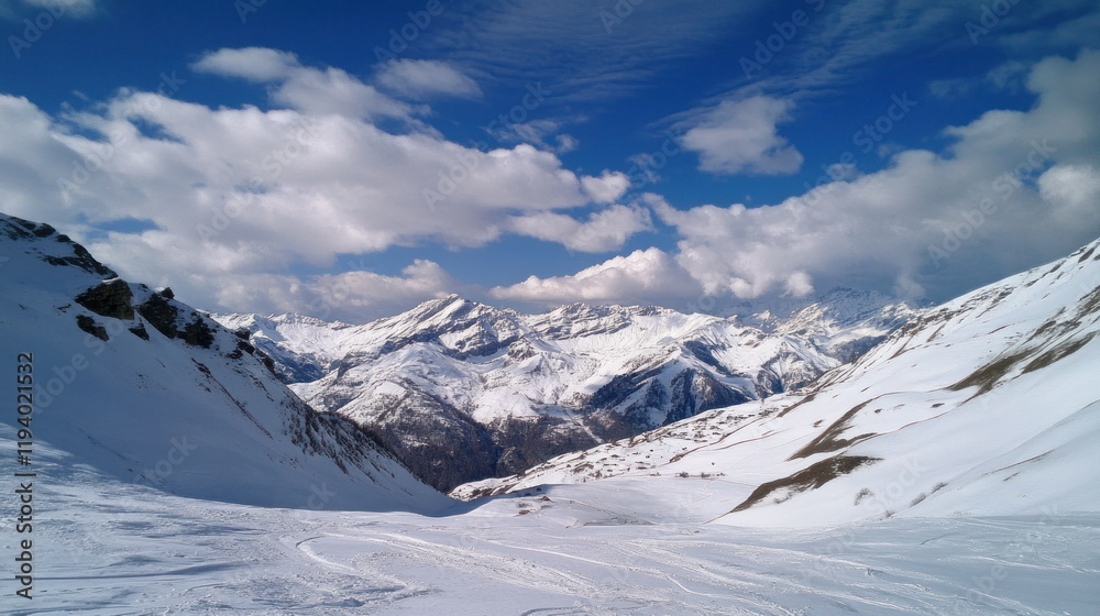 Fototapeta premium A breathtaking snowy mountain landscape under a blue sky with scattered clouds.