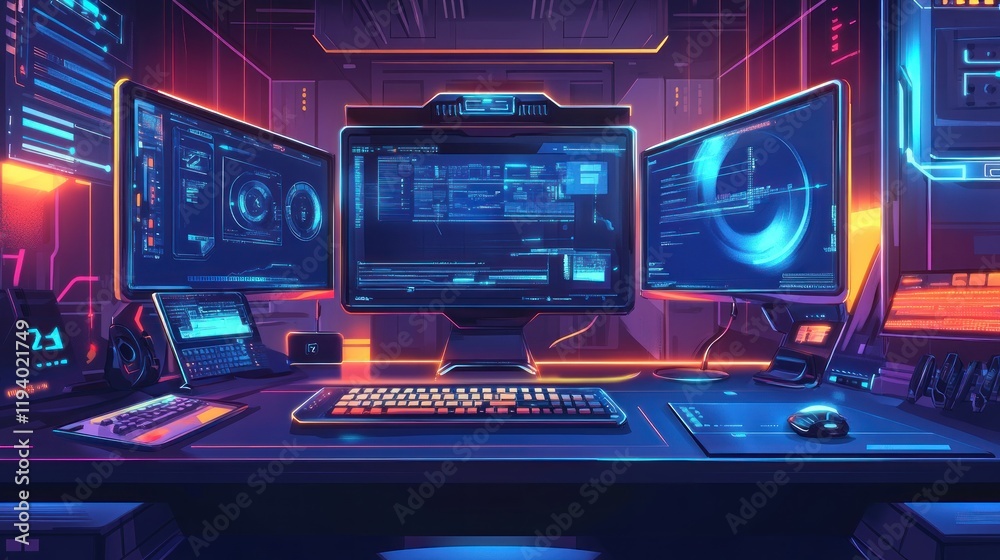 Futuristic workspace programmer coding, servers in background