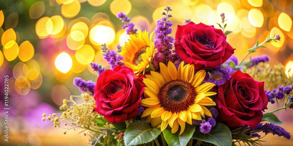 A vibrant bouquet of crimson roses and golden sunflowers with delicate purple accents, bathed in warm, glowing light. A vibrant bouquet of crimson roses and golden sunflowers with delicate purple accents, bathed in warm, glowing light.
