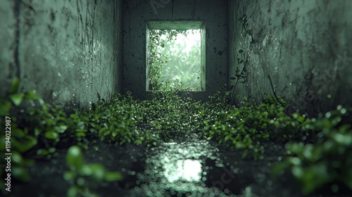 Overgrown plants inside damp concrete structure. photo