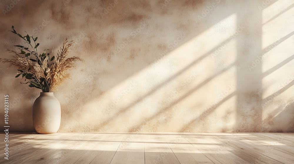 Fototapeta premium A textured plaster wall in soft beige tones, paired with a smooth light wood floor, illuminated with natural sunlight for a warm and inviting product presentation, hd quality, natural look --ar 16:9