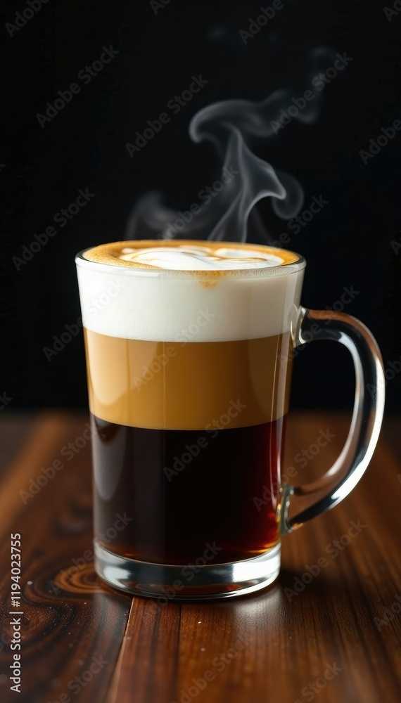 Foam swirls around a steaming shot of espresso in a glass mug, coffee, foam, vessel Foam swirls around a steaming shot of espresso in a glass mug, coffee, foam, vessel