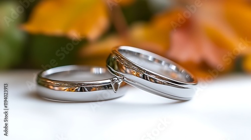 Two silver wedding bands rest on a white surface