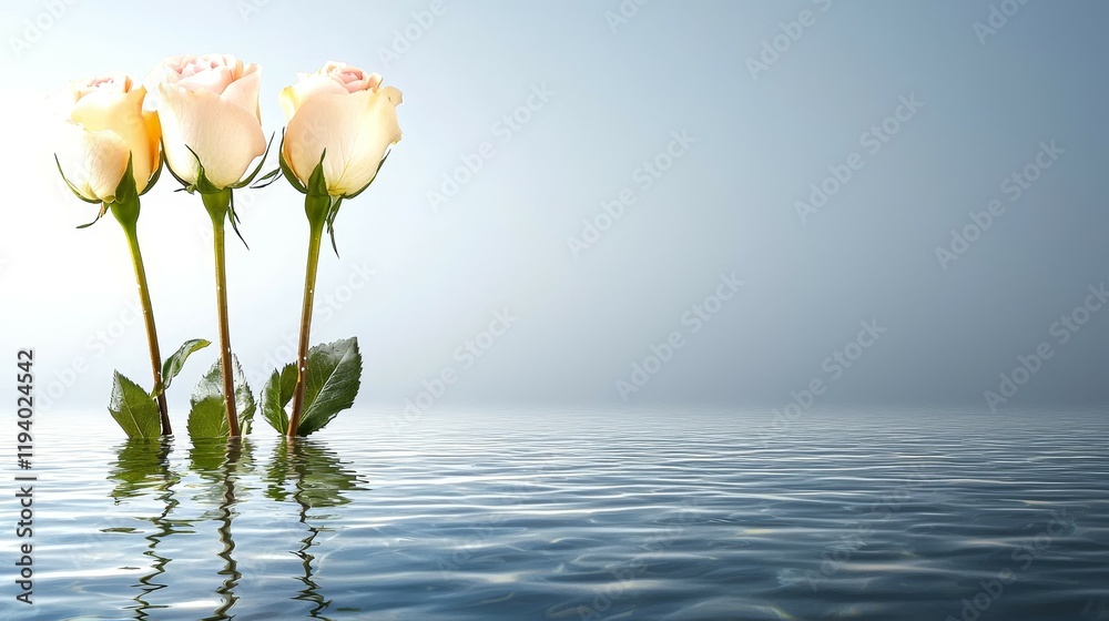rose and romance concept. Three pink roses standing in calm water with a soft, misty background. rose and romance concept. Three pink roses standing in calm water with a soft, misty background.