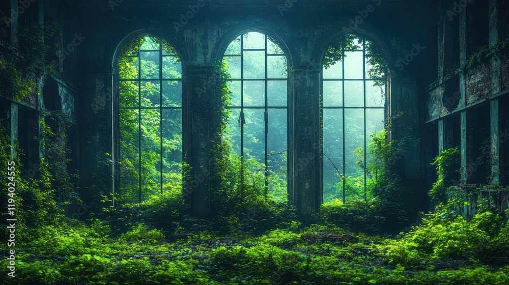Fototapeta premium Overgrown ruin with three large arch windows.