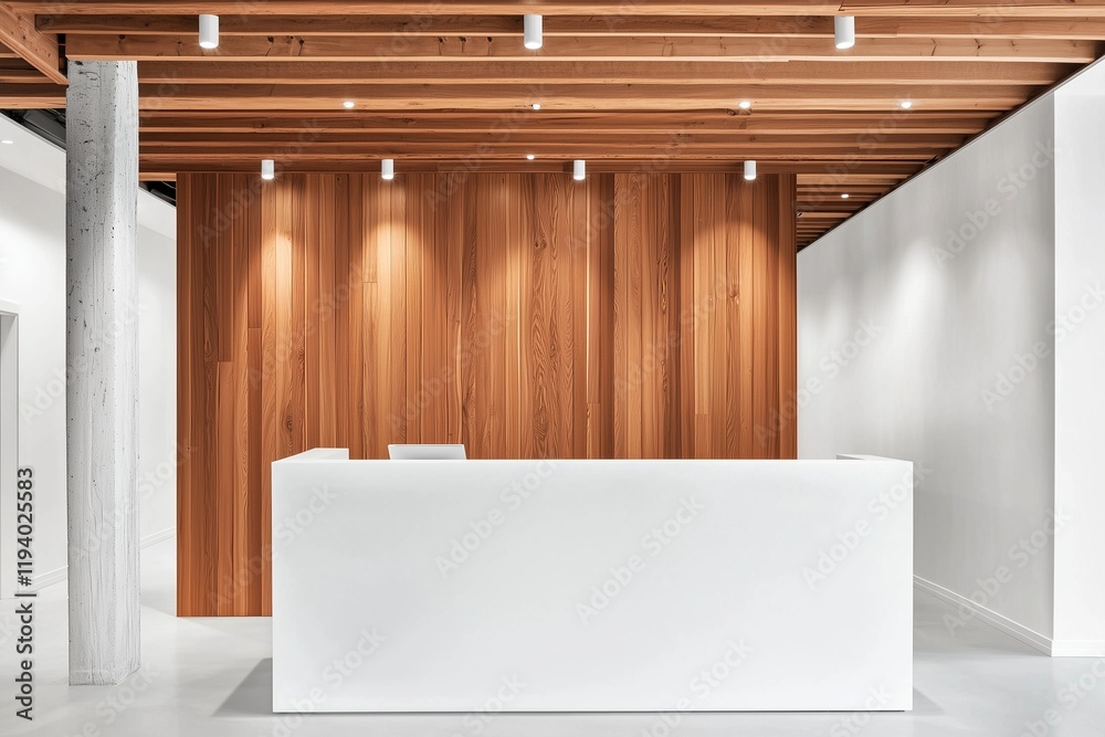 Office area, white reception desk, wooden backdrop.