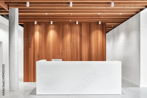 Office area, white reception desk, wooden backdrop.