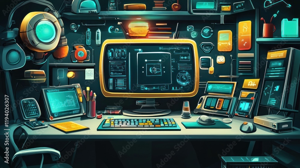 Fototapeta premium Futuristic workspace, tech gadgets, night, design, game development