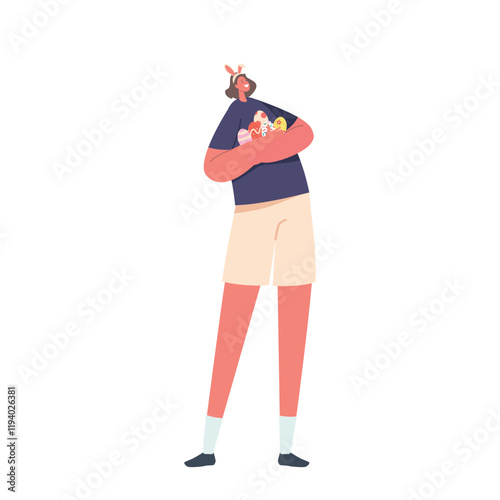 Adult Woman Holding Pile of Decorated Eggs for Easter Holiday Celebration. Female Character Prepare for Easter Event