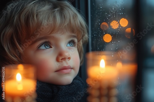 Boy Lighting Menorah for Hanukkah by Window with Candlelight at Sunset photo