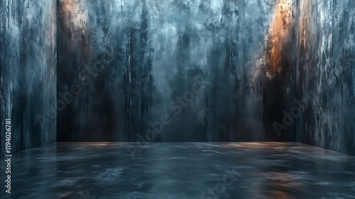 A brushed concrete surface with deep, bold vertical strokes, paired with a polished matte floor, illuminated by neutral soft lighting for a professional and elegant product backdrop, hd quality,