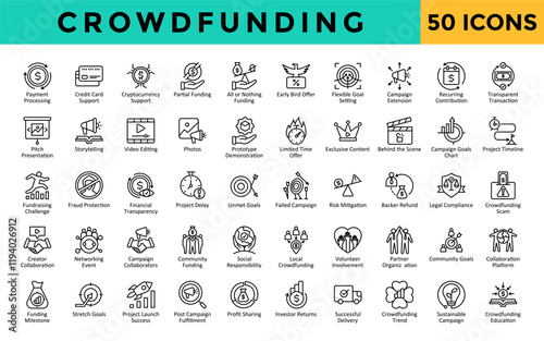 Crowdfunding icons set with payment processing, credit card support, cryptocurrency support, partial funding, all or nothing funding, early bird offer icon. Simple line vector 
