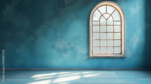 A charming room with pastel blue walls, a single antique window with an arched top and weathered wooden frame, diffused sunlight creating soft contrasts, peaceful and vintage-inspired, photo