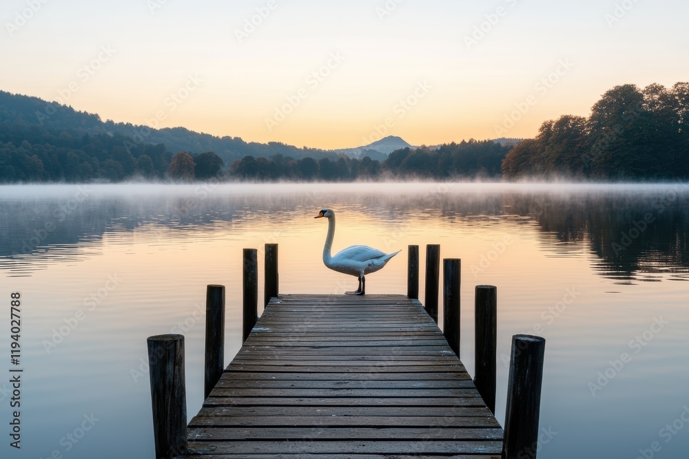 Naklejka premium Serene Swan on Wooden Pier at Dawn with Misty Lake Background