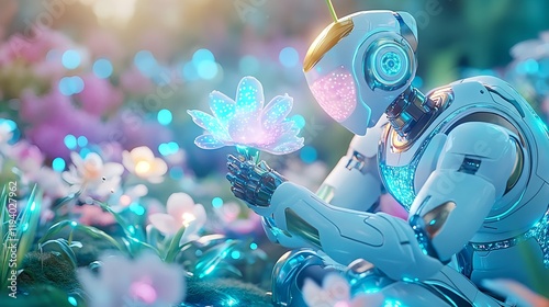 robot in glowing flower garden - ai & technology