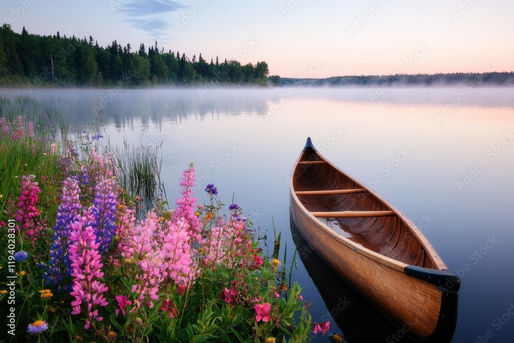 Serene Canoe on Tranquil Lake Surrounded by Colorful Flowers at Dawn Serene Canoe on Tranquil Lake Surrounded by Colorful Flowers at Dawn