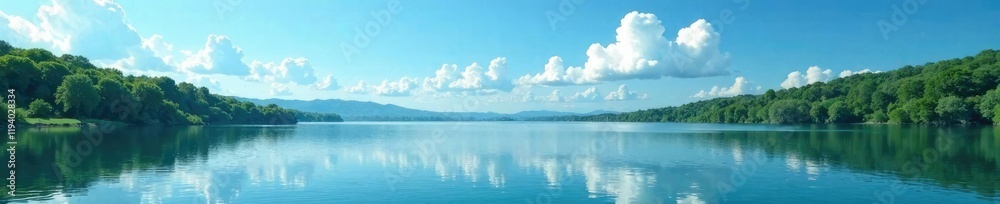Peaceful landscape of a serene lake with a few puffy white clouds drifting across the sky, quiet, peaceful Peaceful landscape of a serene lake with a few puffy white clouds drifting across the sky, quiet, peaceful