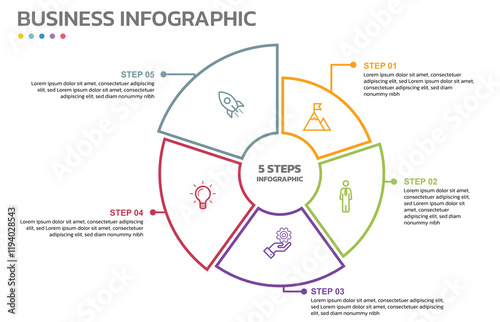 Visual data presentation. Cycle diagram with 5 options. Pie Chart Circle thin line infographic template with 5 steps, options, parts, segments. Business concept. Marketing infographic outline style.