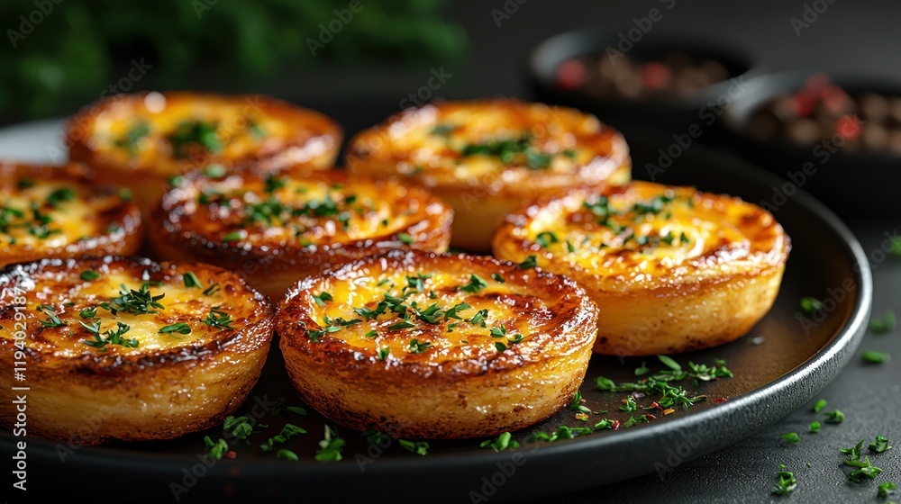 Plate of mini quiches on dark background. Plate of mini quiches on dark background.