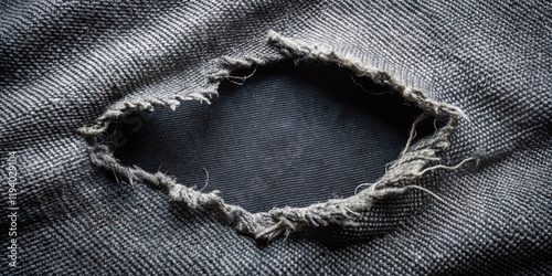 A Close-Up View of a Worn, Frayed Hole in a Dark Denim Fabric, Revealing the Fabric's Underlying Structure
