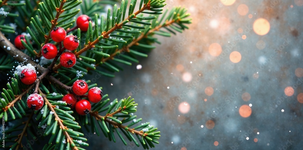 Red berries and green evergreen branches intertwined with delicate snowflakes on a festive holiday background, berry, branch, twig Red berries and green evergreen branches intertwined with delicate snowflakes on a festive holiday background, berry, branch, twig