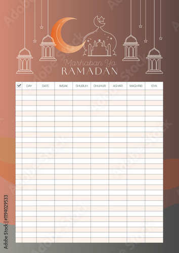 Imsakiyah Ramadan Schedule Background Template, Muslim Fasting Moon Schedule. Imsakiah for Ramadan Kareem. Ramadan schedule. Eid Mubarak. Prayer times in Ramadan. Imsak schedule. Jadwal puasa  photo