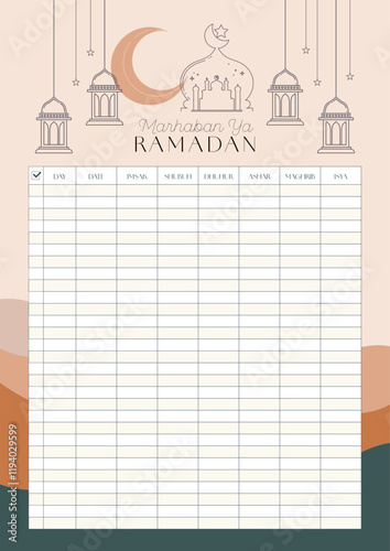 Imsakiyah Ramadan Schedule Background Template, Muslim Fasting Moon Schedule. Imsakiah for Ramadan Kareem. Ramadan schedule. Eid Mubarak. Prayer times in Ramadan. Imsak schedule. Jadwal puasa  photo