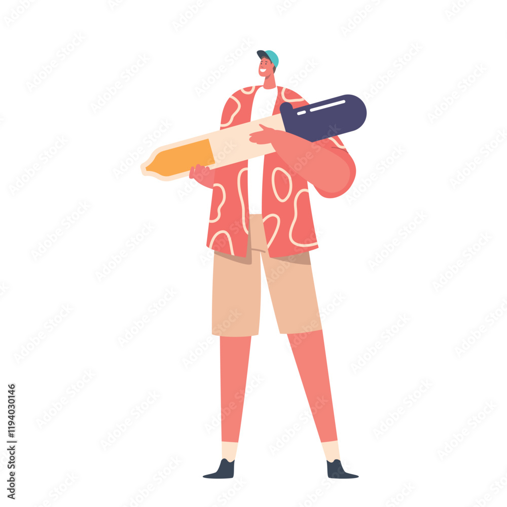 Smiling Young Man Holding Large Pipette. Creative Male Character Chooses Color for Picture. Cartoon Vector Illustration Smiling Young Man Holding Large Pipette. Creative Male Character Chooses Color for Picture. Cartoon Vector Illustration