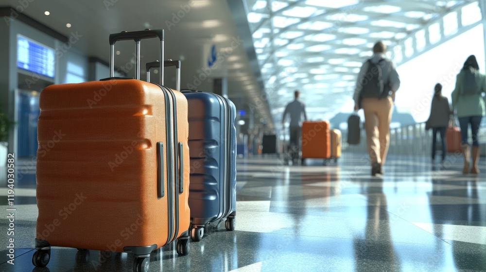 Luggage in an airport terminal with travelers in the background. Luggage in an airport terminal with travelers in the background.