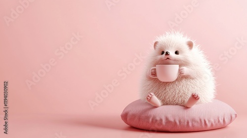 A cute hedgehog sitting on a pillow, holding a cup in a pastel pink setting.